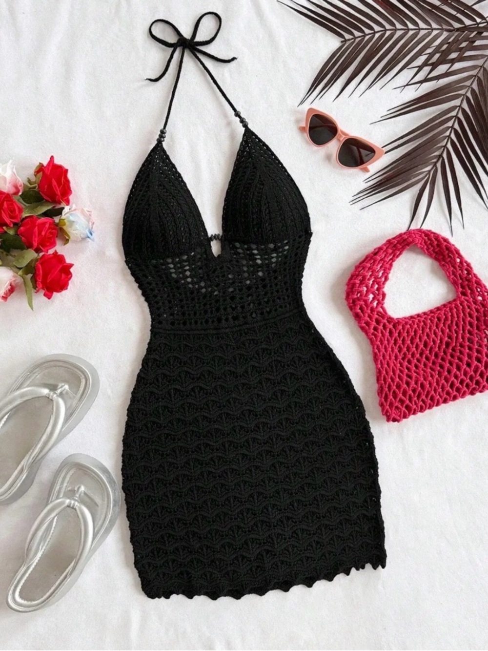 Black Crochet Halter Mini Dress or swimsuit cover